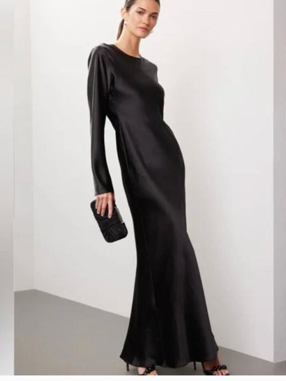 Delfi Satin Dress Long Sleeve Crew Neck Maxi Slip Shift Gown Black XS